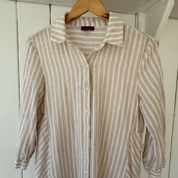 Striped Beige and White Button-Up Dress - Picture 2 of 6